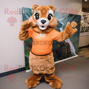 Orange Mountain Lion mascot costume character dressed with a Pleated Skirt and Mittens