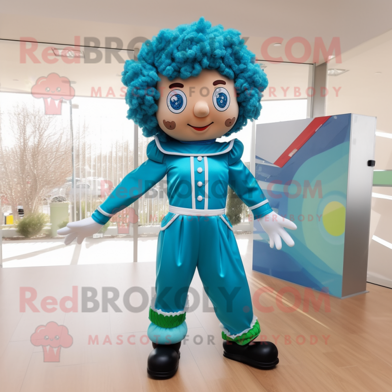 Cyan Irish Dancer mascot costume character dressed with a Jeggings and Bow ties