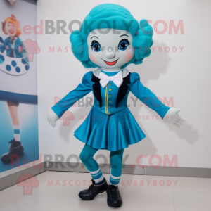 Cyan Irish Dancer mascot costume character dressed with a Jeggings and Bow ties