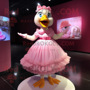 Pink Muscovy Duck mascot costume character dressed with a Pleated Skirt and Rings