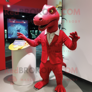 Red Iguanodon mascot costume character dressed with a Shorts and Cufflinks