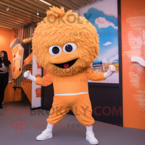 Peach Fried Chicken mascot costume character dressed with a Leggings and Suspenders