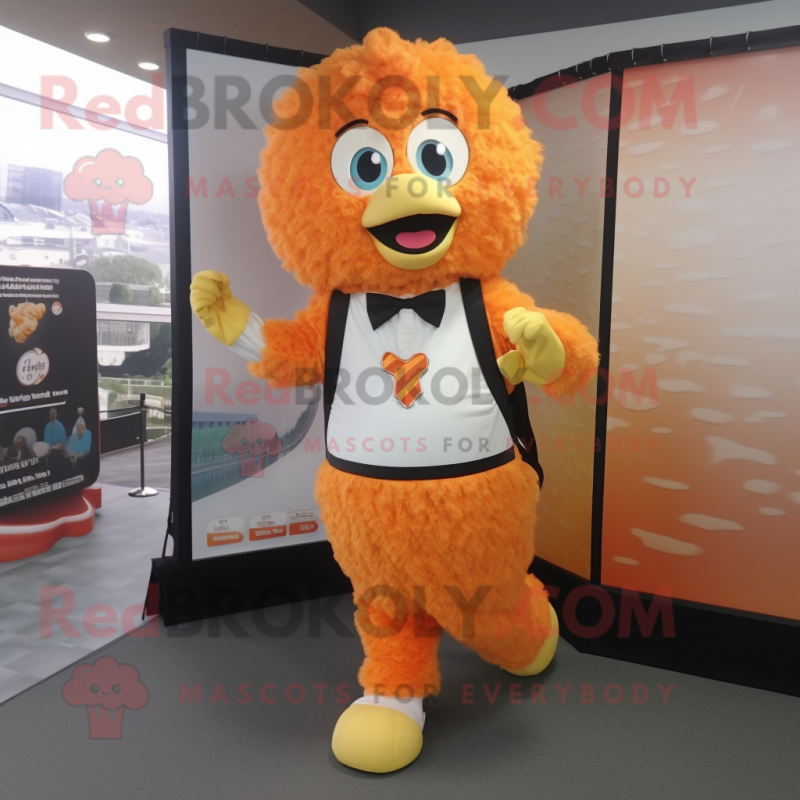 Peach Fried Chicken mascot costume character dressed with a Leggings and Suspenders