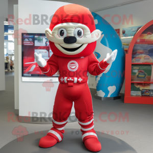 Red American Football Helmet mascot costume character dressed with a Circle Skirt and Pocket squares