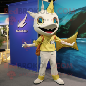 Gold Swordfish mascot costume character dressed with a Playsuit and Backpacks