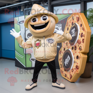 Tan Pizza Slice mascot costume character dressed with a Leather Jacket and Keychains