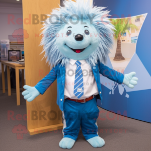 Sky Blue Porcupine mascot costume character dressed with a Oxford Shirt and Ties