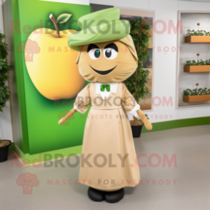 Tan Apple mascot costume character dressed with a Sheath Dress and Berets