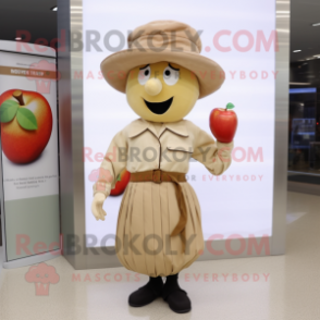 Tan Apple mascot costume character dressed with a Sheath Dress and Berets