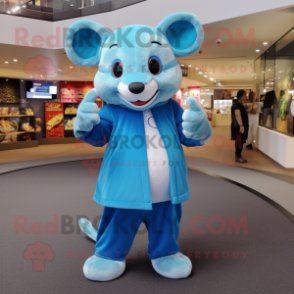 Sky Blue Rat mascot costume character dressed with a Jumpsuit and Scarves
