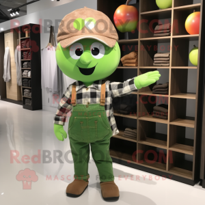 Green Apricot mascot costume character dressed with a Flannel Shirt and Caps