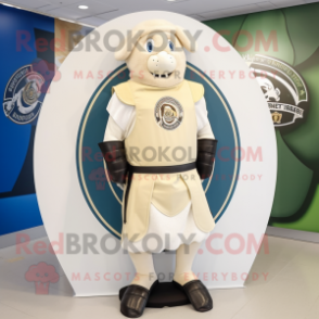 Cream Celtic Shield mascot costume character dressed with a Bodysuit and Scarves