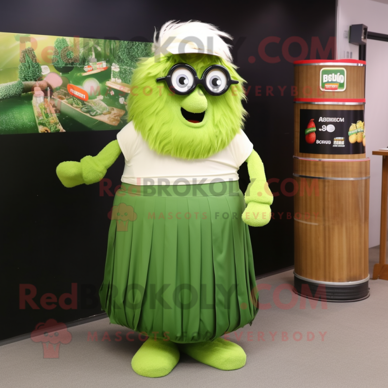 Olive Green Beer mascot costume character dressed with a Pleated Skirt and Eyeglasses