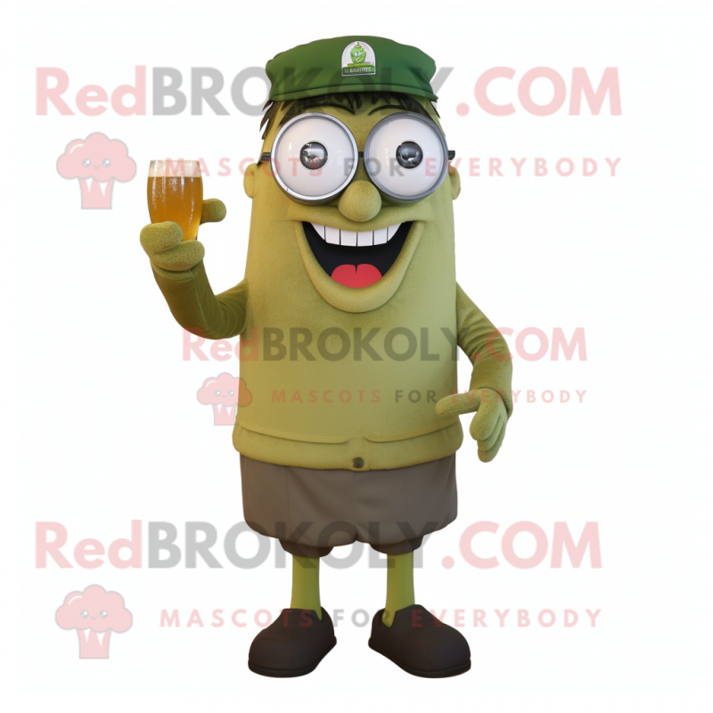 Olive Green Beer mascot costume character dressed with a Pleated Skirt and Eyeglasses