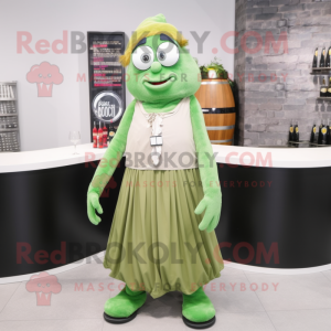 Olive Green Beer mascot costume character dressed with a Pleated Skirt and Eyeglasses
