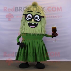 Olive Green Beer mascot costume character dressed with a Pleated Skirt and Eyeglasses