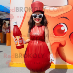 Brown Bottle Of Ketchup mascot costume character dressed with a Pencil Skirt and Sunglasses