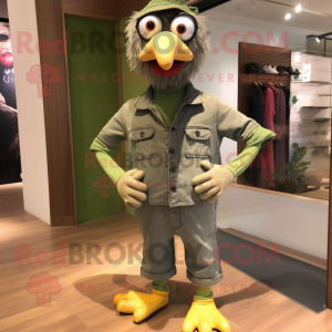 Olive Gull mascot costume character dressed with a Boyfriend Jeans and Shoe laces