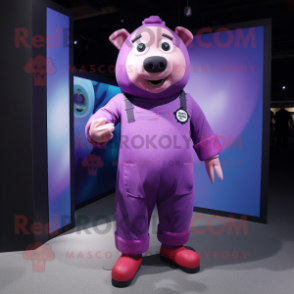 Purple Sow mascot costume character dressed with a Jumpsuit and Foot pads