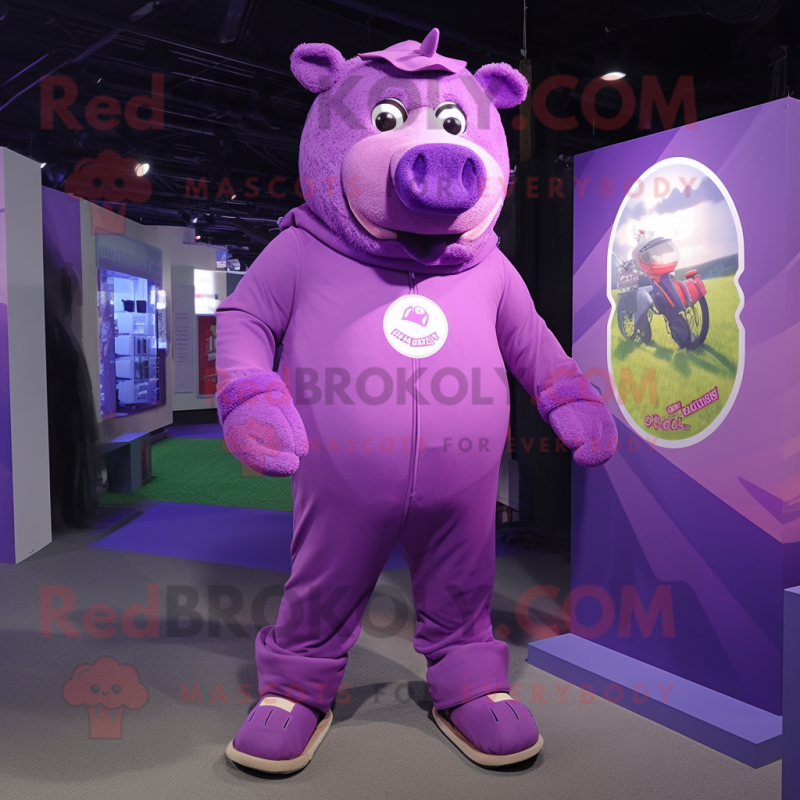 Purple Sow mascot costume character dressed with a Jumpsuit and Foot pads