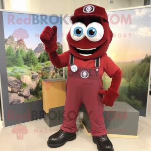 Maroon Engagement Ring mascot costume character dressed with a Overalls and Foot pads
