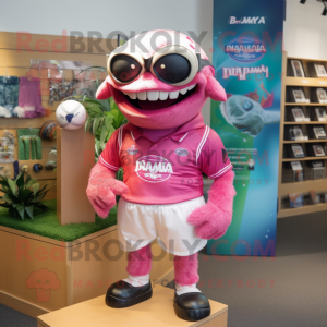 Pink Piranha mascot costume character dressed with a Rugby Shirt and Sunglasses