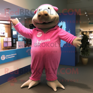 Pink Stellar'S Sea Cow mascot costume character dressed with a Henley Tee and Suspenders