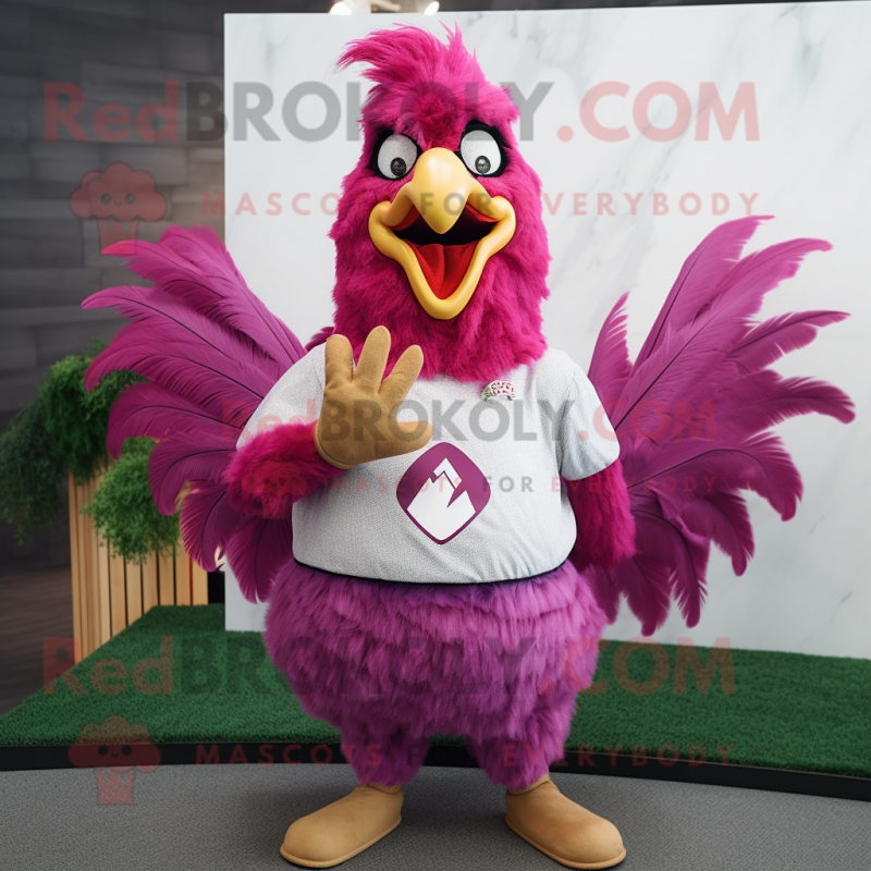 Magenta Rooster mascot costume character dressed with a V-Neck Tee and Brooches