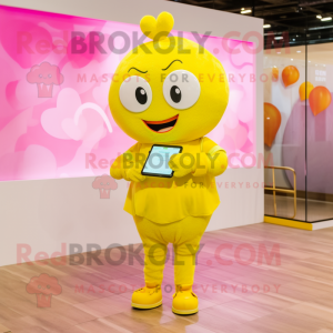 Lemon Yellow Love Letter mascot costume character dressed with a Culottes and Smartwatches