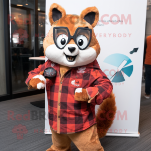 Rust Flying Squirrel mascot costume character dressed with a Flannel Shirt and Smartwatches