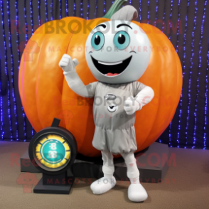 Silver Pumpkin mascot costume character dressed with a Henley Tee and Digital watches