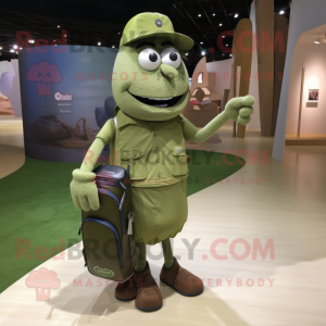 Olive Golf Bag mascot costume character dressed with a Denim Shorts and Cufflinks