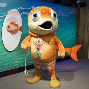 Gold Salmon mascot costume character dressed with a Board Shorts and Necklaces