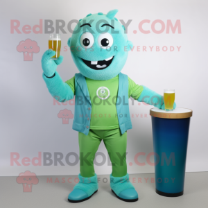 Cyan Green Beer mascot costume character dressed with a Oxford Shirt and Rings