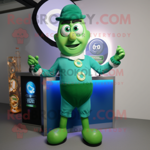 Cyan Green Beer mascot costume character dressed with a Oxford Shirt and Rings