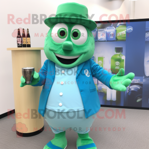 Cyan Green Beer mascot costume character dressed with a Oxford Shirt and Rings