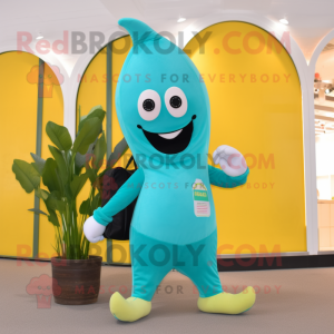 Turquoise Banana mascot costume character dressed with a Yoga Pants and Wallets