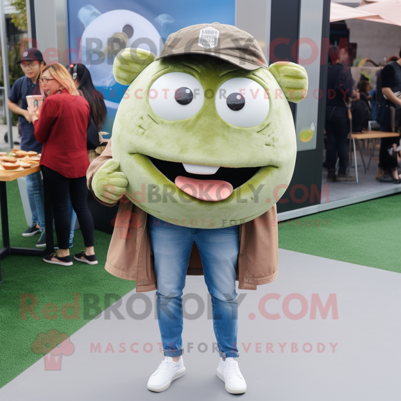 Olive Pulled Pork Sandwich mascot costume character dressed with a Boyfriend Jeans and Foot pads