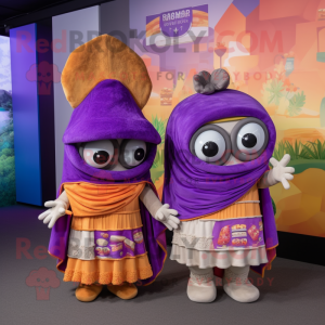 Purple Tacos mascot costume character dressed with a Mini Dress and Shawls