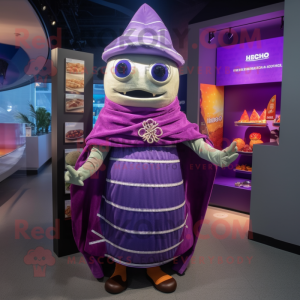 Purple Tacos mascot costume character dressed with a Mini Dress and Shawls