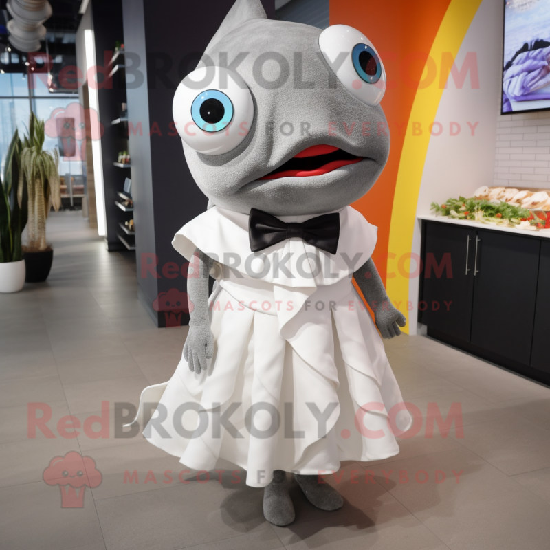 Gray Fish Tacos mascot costume character dressed with a Wedding Dress and Bow ties