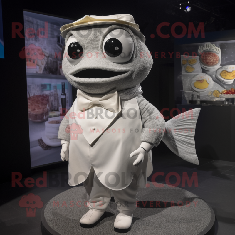 Gray Fish Tacos mascot costume character dressed with a Wedding Dress and Bow ties
