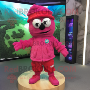 Magenta Raspberry mascot costume character dressed with a Chinos and Headbands