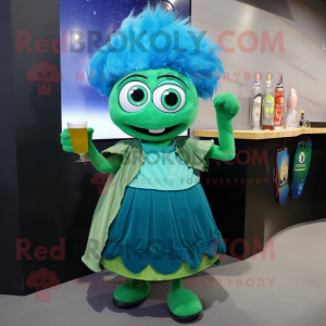 Blue Green Beer mascot costume character dressed with a Skirt and Hairpins