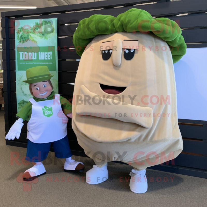 Tan Corned Beef And Cabbage mascot costume character dressed with a Boyfriend Jeans and Smartwatches