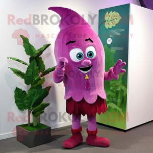 Magenta Beanstalk mascot costume character dressed with a Dress Shirt and Earrings