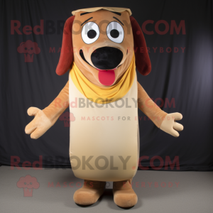 Tan Hot Dog mascot costume character dressed with a Cover-up and Suspenders