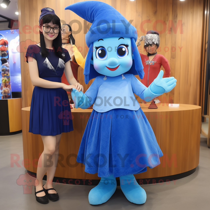 Blue Magician mascot costume character dressed with a Mini Skirt and Hair clips