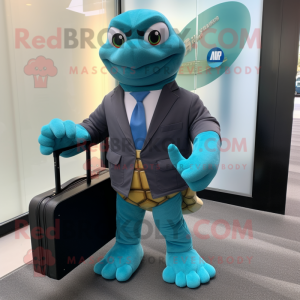 Teal Sea Turtle mascot costume character dressed with a Turtleneck and Briefcases