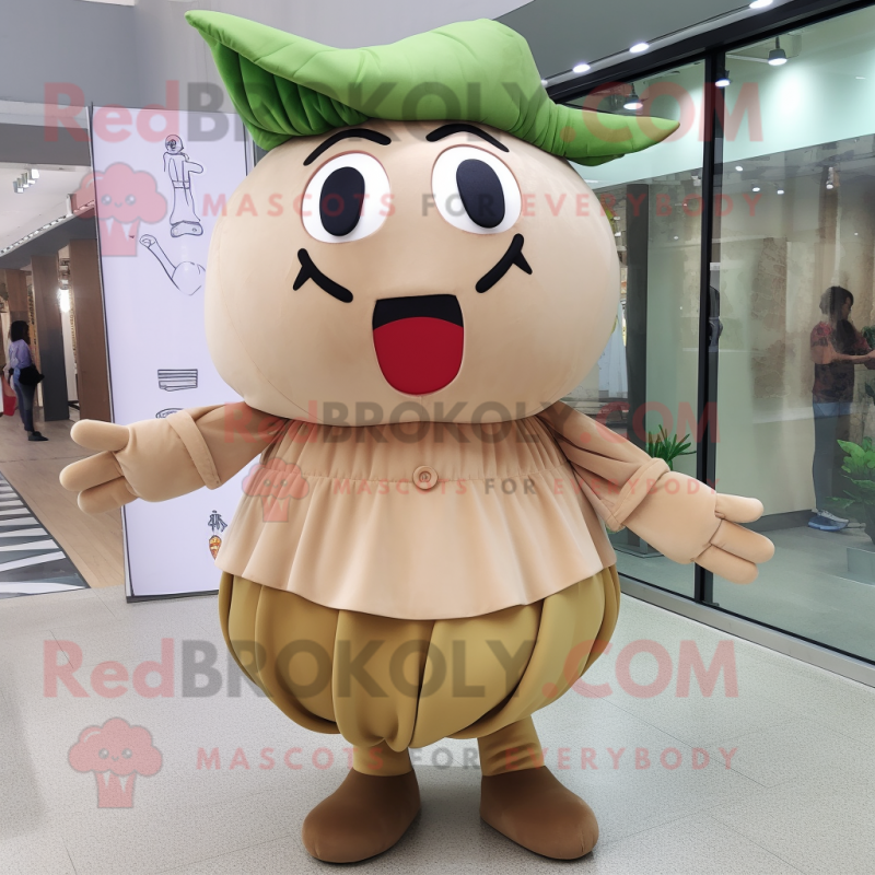 Tan Radish mascot costume character dressed with a Culottes and Hairpins